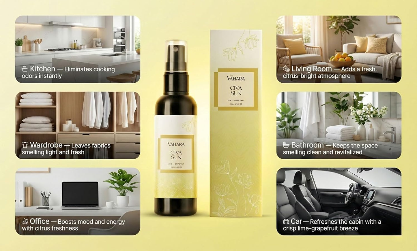 Luxury Linen & Room Spray – Long-Lasting Water-Based Home Fragrance with Essential Oils – Non-Toxic Air Freshener (3.38 FL OZ, Civa Sun)