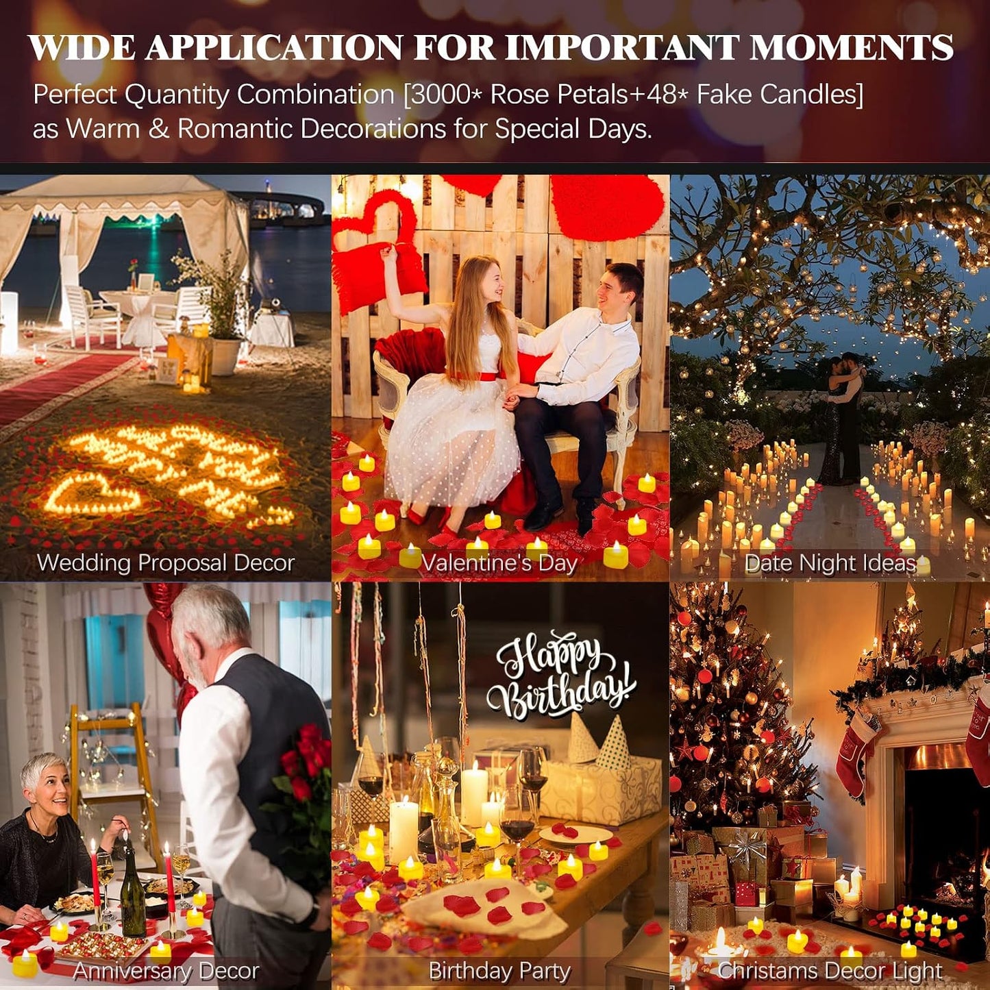 3000 Pcs Artificial Rose Petals with 48 Pcs Heart Flameless Candles Battery LED Tea Lights Candles Set Valentine's Day Wedding Anniversary Decoration