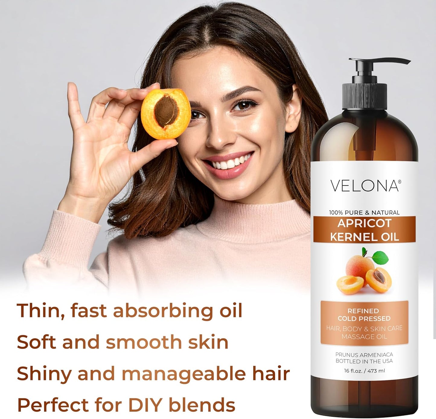 velona Apricot Kernel Oil 16 fl oz | 100% Pure and Natural Carrier Oil | Refined, Cold Pressed | Hair, Body and Skin Care | Use Today - Enjoy Results