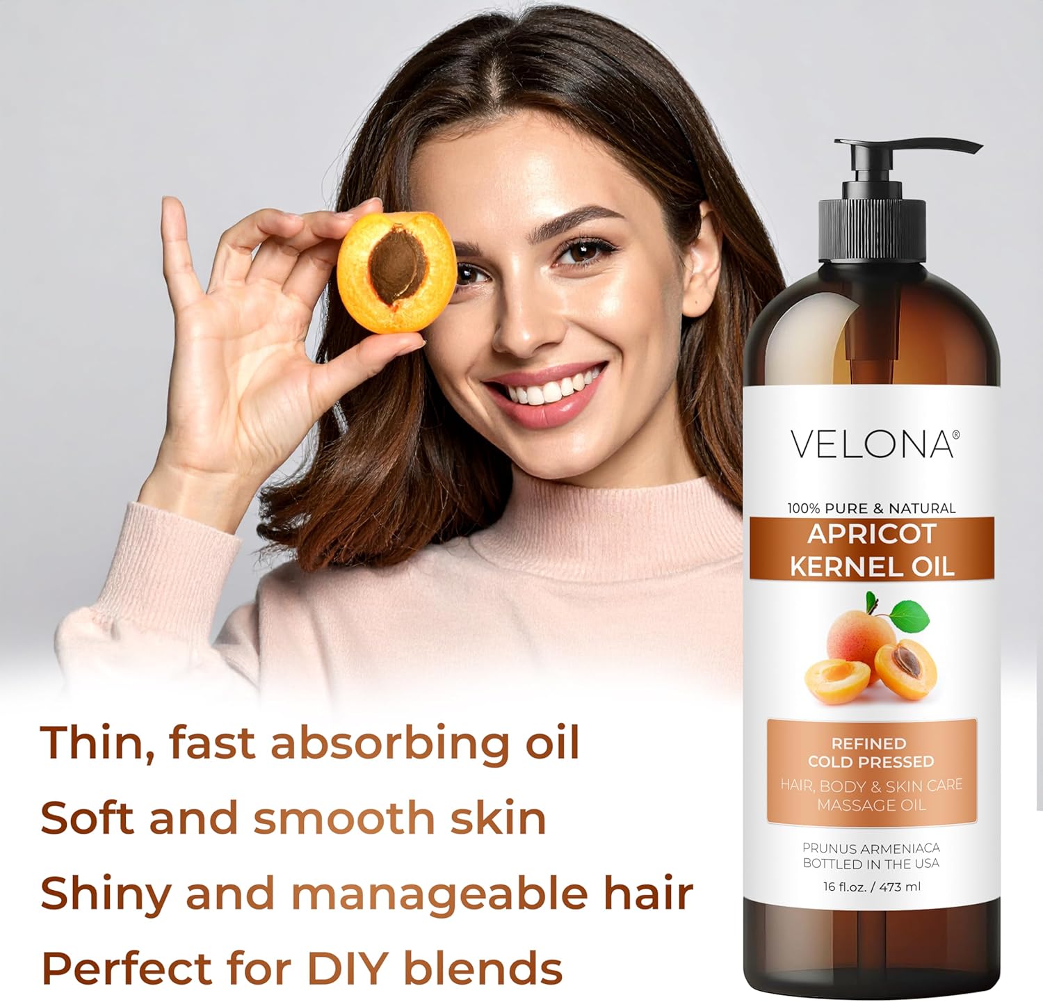 velona Apricot Kernel Oil 16 fl oz | 100% Pure and Natural Carrier Oil | Refined, Cold Pressed | Hair, Body and Skin Care | Use Today - Enjoy Results