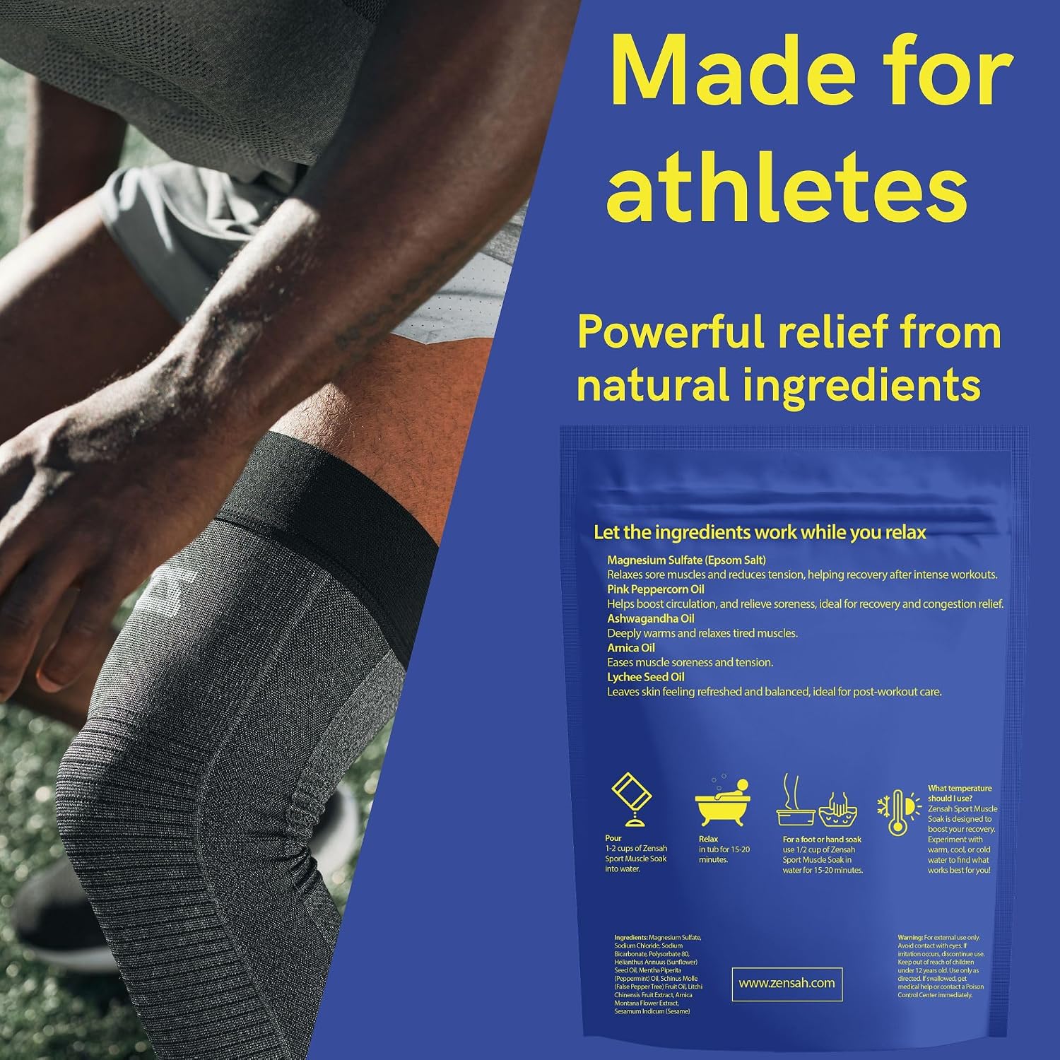 Zensah Muscle Recovery Bath Soak - Magnesium Epsom Salt with Arnica for Post Workout Soreness Relief, Soaking Essential Oils, Sports Gifts for Athletes, Men and Women (Peppermint, 32 oz)