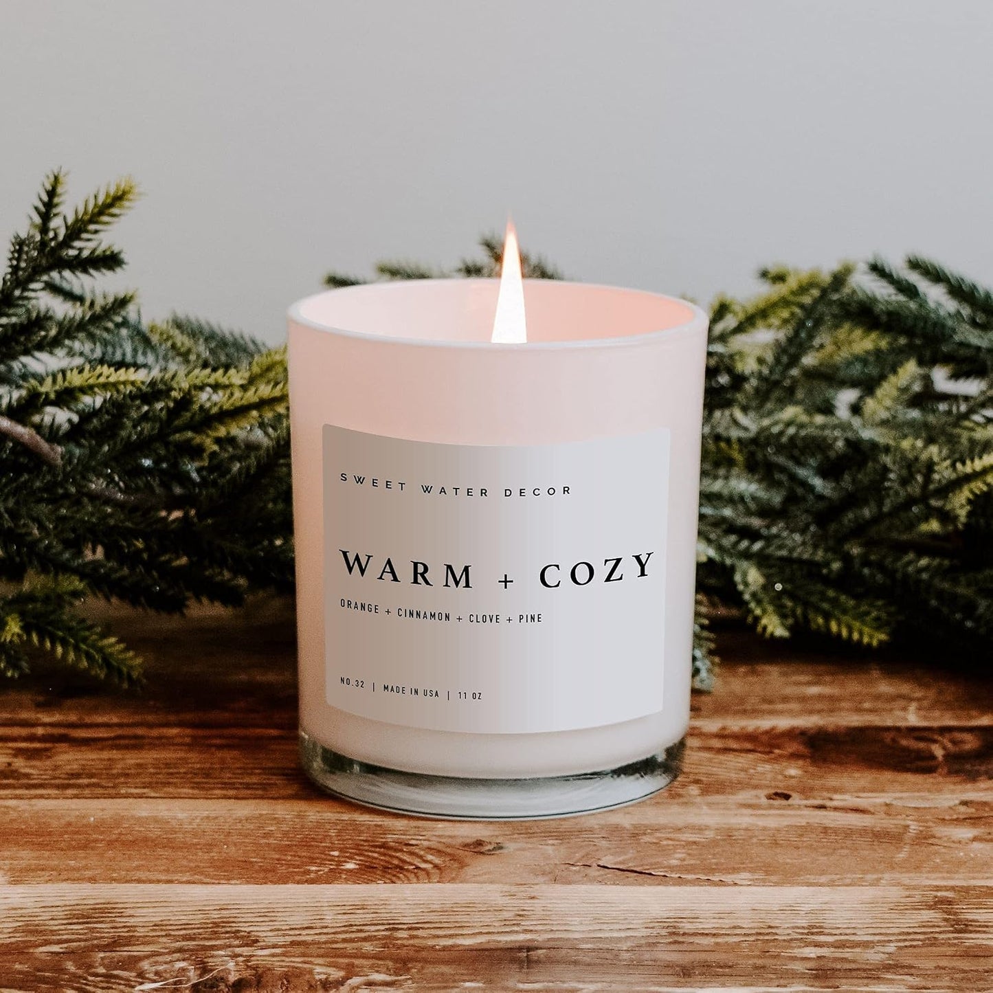 Sweet Water Decor Warm and Cozy Soy Candle - Pine, Orange, Cinnamon, and Fir Winter Scented Candle for Home - 11oz White Jar with Wood Lid, 50+ Hour Burn Time, Made in the USA