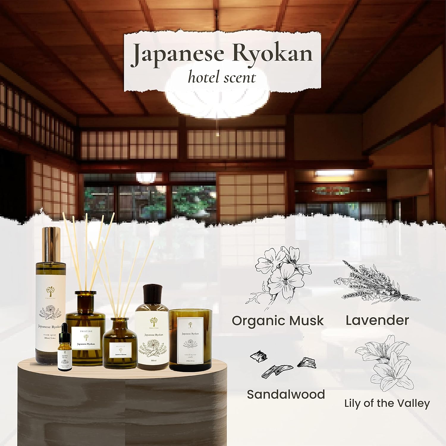 PRISTINE Japanese Ryokan/Inspired by Shang Hotel Reed Diffuser Refill with Free Reed Sticks | Fresh Lavender, Sandalwood Oil Diffuser Refills | Premium Hotel Lobby Reed Diffuser Oil Refill