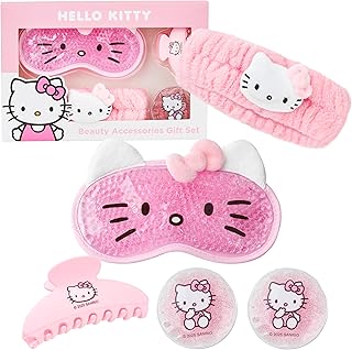Hello Kitty Sanrio Beauty Set for Women, Teens with Cooling Gel Eye Mask, Plush Skincare Headband, Claw Clip, Eye Pads, Kawaii Gifts for Women (Pink Hello Kitty)