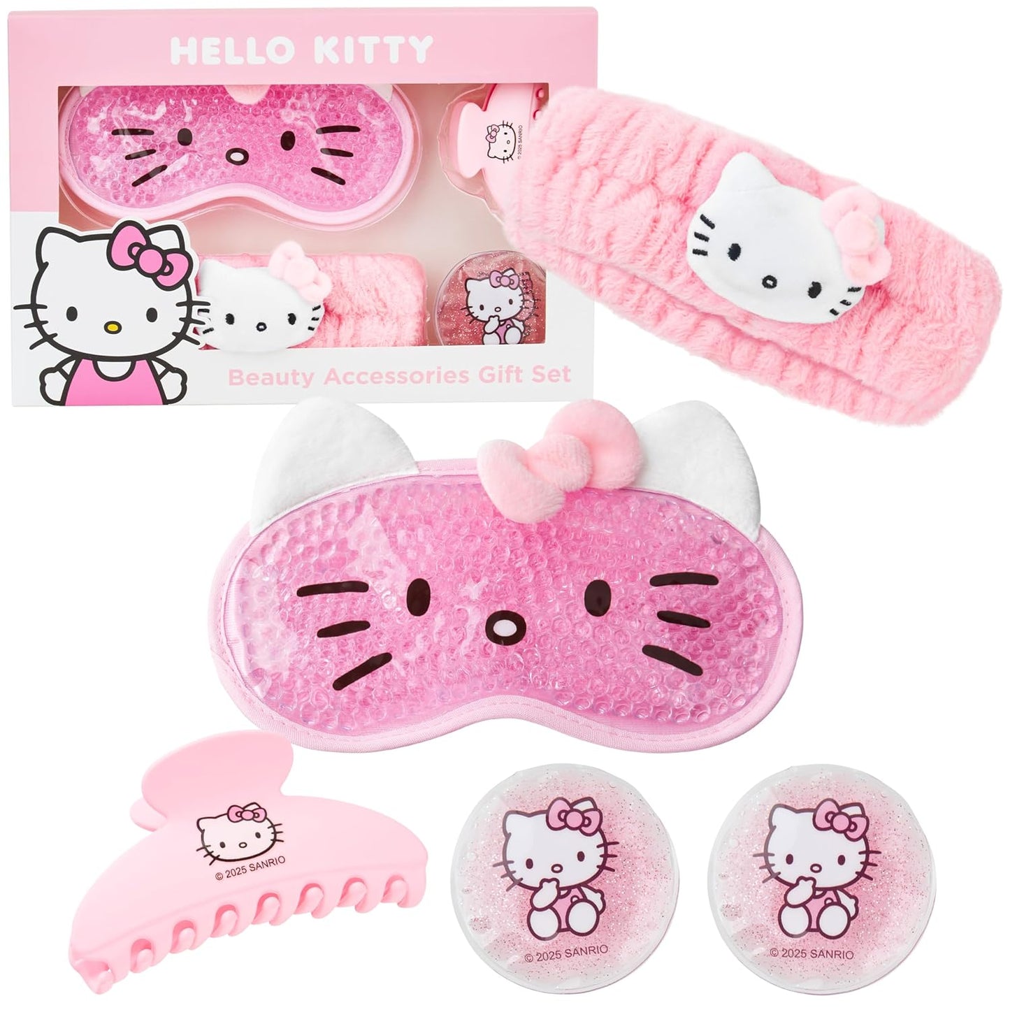 Hello Kitty Sanrio Beauty Set for Women, Teens with Cooling Gel Eye Mask, Plush Skincare Headband, Claw Clip, Eye Pads, Kawaii Gifts for Women (Pink Hello Kitty)