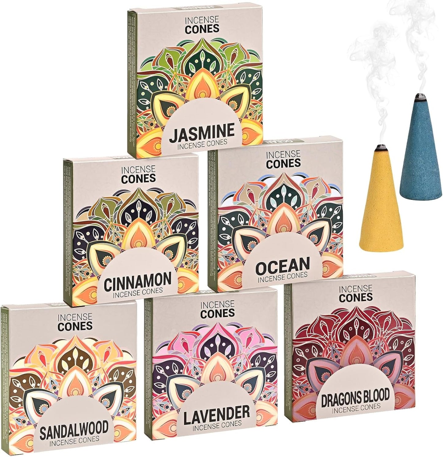 Incense Cones Variety Pack - 6 Scents: Lavender, Sandalwood, Dragons Blood, Ocean, Cinnamon, Jasmine for Relaxation