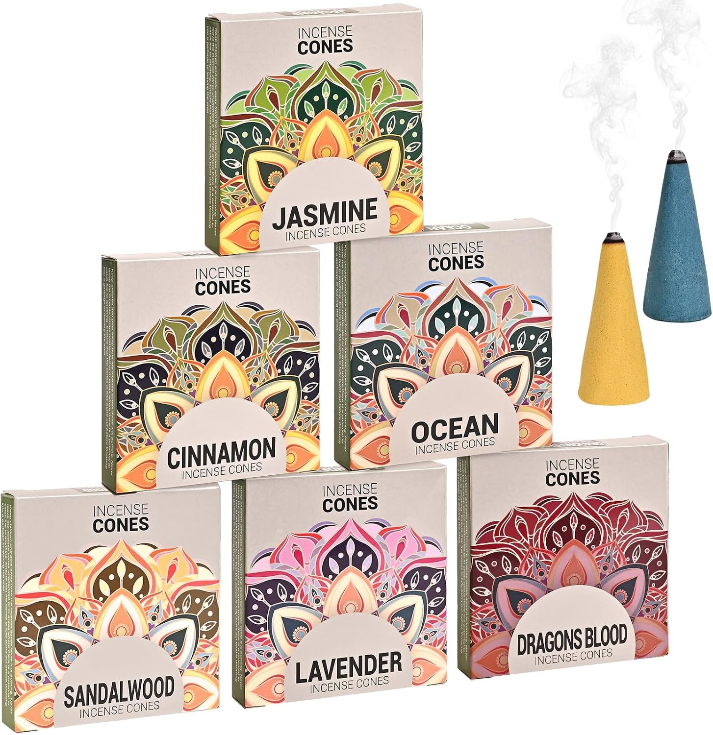 Incense Cones Variety Pack - 6 Scents: Lavender, Sandalwood, Dragons Blood, Ocean, Cinnamon, Jasmine for Relaxation