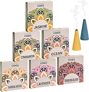 Incense Cones Variety Pack - 6 Scents: Lavender, Sandalwood, Dragons Blood, Ocean, Cinnamon, Jasmine for Relaxation