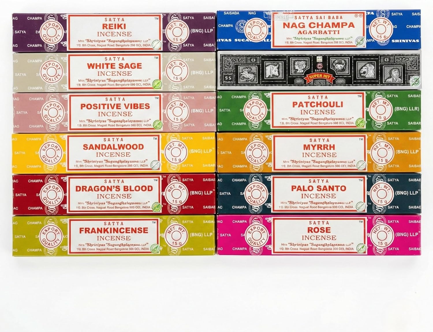 Earth Satya Assorted Incense 15g (Pack of 12) Nag Champa,Super Hit, Dragon's Blood, Palo Santo, Positive Vibes, White Sage, Patchouli, Myrrh, Frankincense, Reiki, Sandal Wood, Rose(Golden Mix)