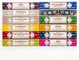 Earth Satya Assorted Incense 15g (Pack of 12) Nag Champa,Super Hit, Dragon's Blood, Palo Santo, Positive Vibes, White Sage, Patchouli, Myrrh, Frankincense, Reiki, Sandal Wood, Rose(Golden Mix)