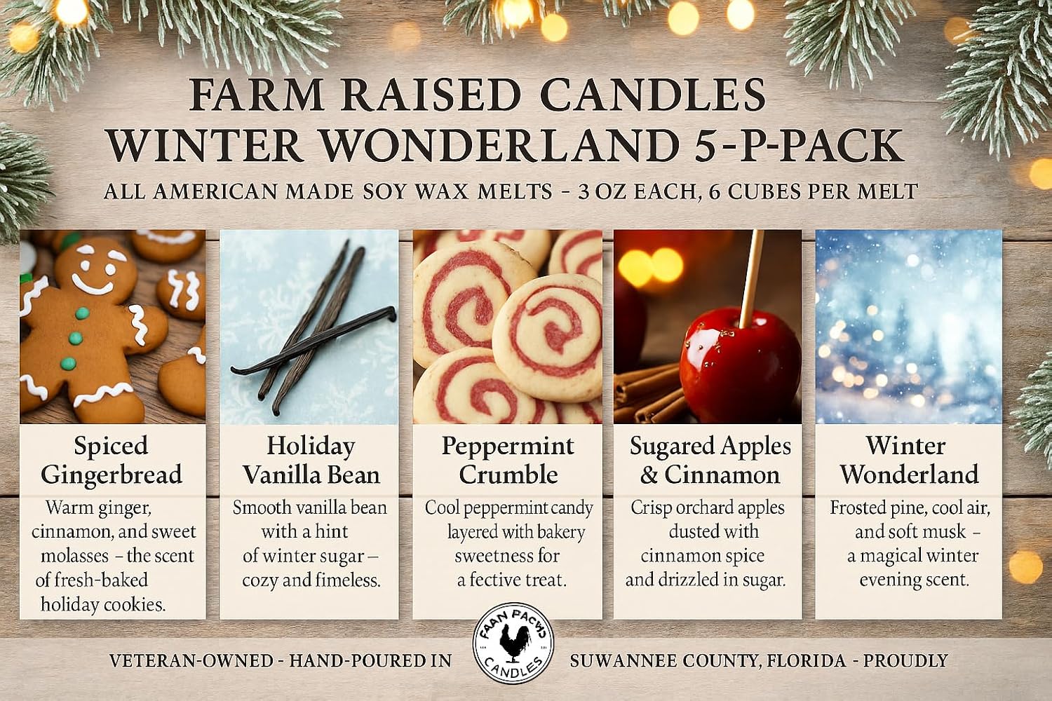 – Christmas Wonderland 16 oz Total (3 oz Each) 5-Pack Soy Wax Melts | Spiced Gingerbread, Holiday Vanilla Bean, Peppermint Crumble, Sugared Apples | 100% USA Made