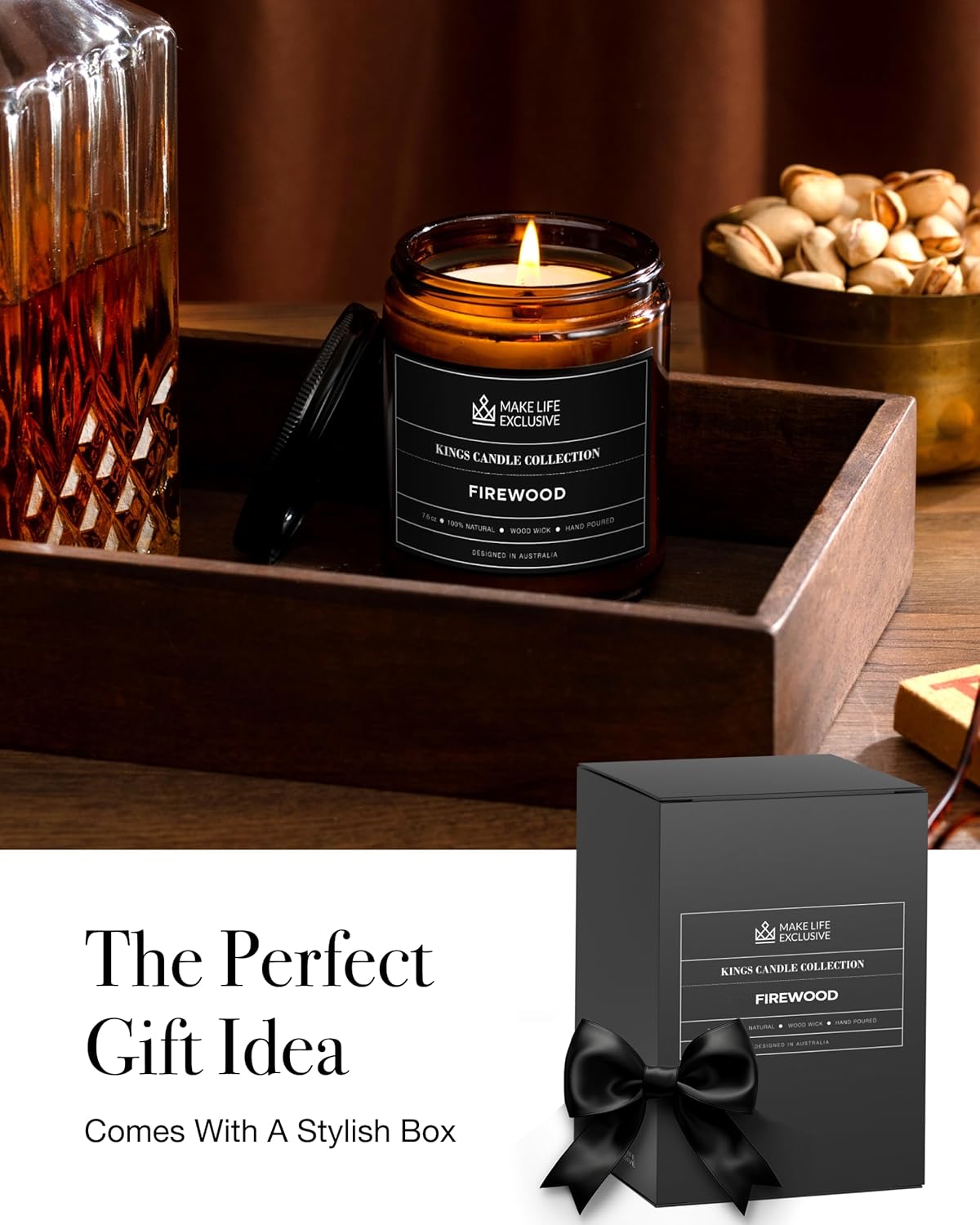Scented Candles for Men | Firewood & Campfire Scented|Wooden Wick, Long Lasting, Masculine Scents | Natural Soy Jar Candle for Home, Bachelor Pad Decor | The Perfect Mens Gift.