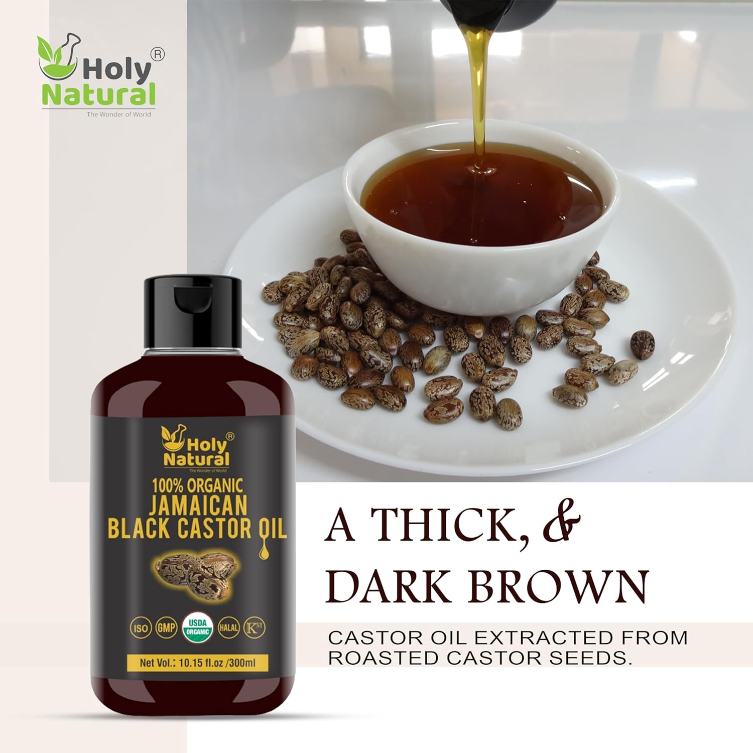 Organic Jamaican black Castor Oil (10.15 fl oz) USDA Certified, Traditional Handmade with Typical and Traditional roasted castor beans smell ,100% Pure black Castor Oil (No Additive, Non GMO)