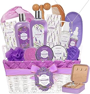 19-Pc Luxury Body Gift Set for Women, Lavender Bath and Body Gift Basket, Spa Gift Basket, Home Spa Gifts, Facial Care, Necklace, Skin Care gift set for Mother Day, Anniversary, Birthday, Christmas