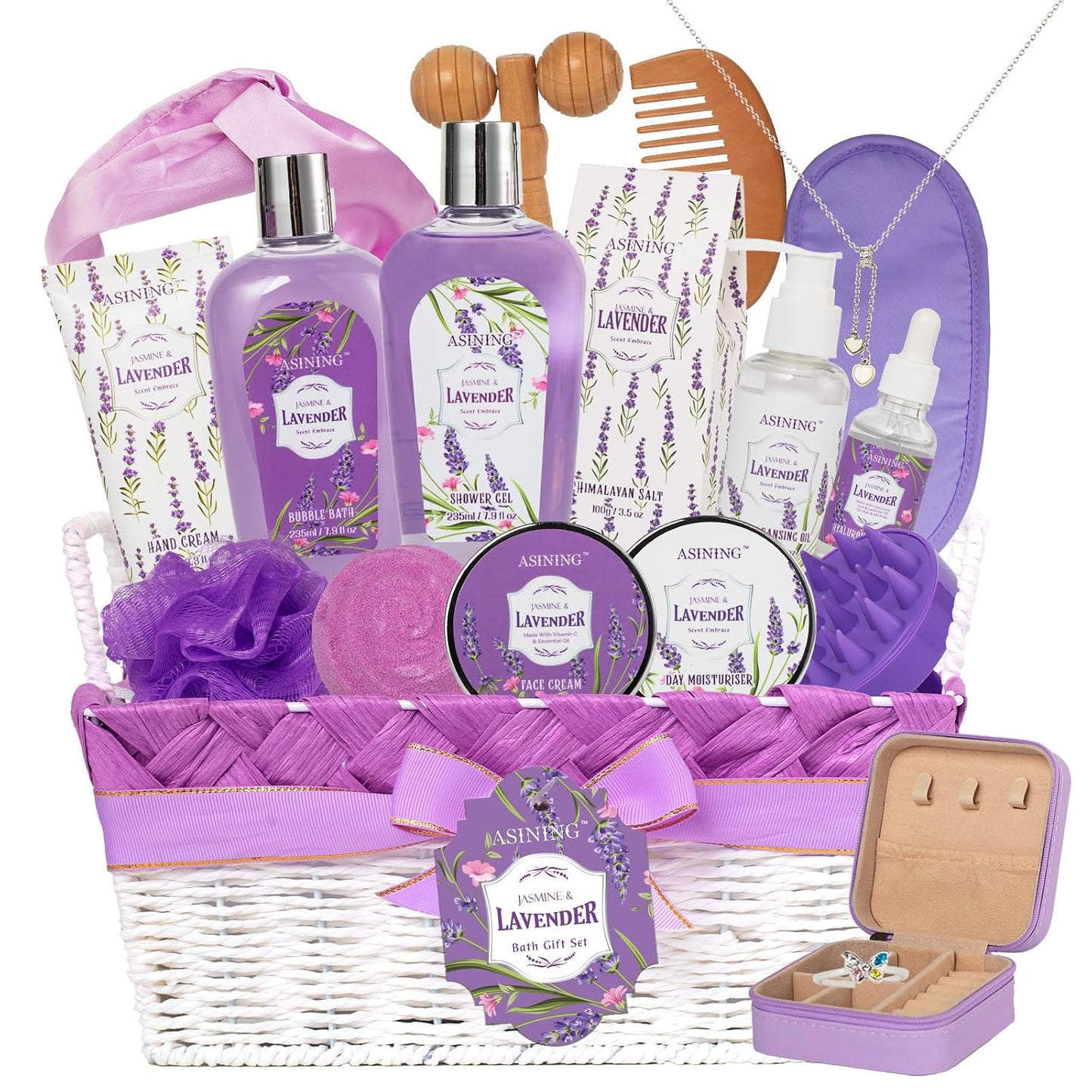 19-Pc Luxury Body Gift Set for Women, Lavender Bath and Body Gift Basket, Spa Gift Basket, Home Spa Gifts, Facial Care, Necklace, Skin Care gift set for Mother Day, Anniversary, Birthday, Christmas