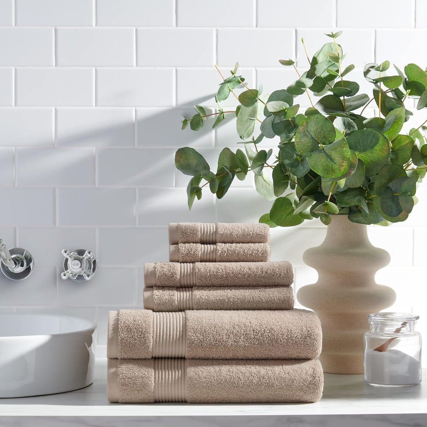 Arkwright Solid 6 Piece Bath Towel Set, 100% Cotton 600 GSM Soft Absorbent Bathroom Towels for Hotel, Spa or Vacation Rental, Latte Beige (2 Bath Towels, 2 Hand Towels, 2 Washcloths)