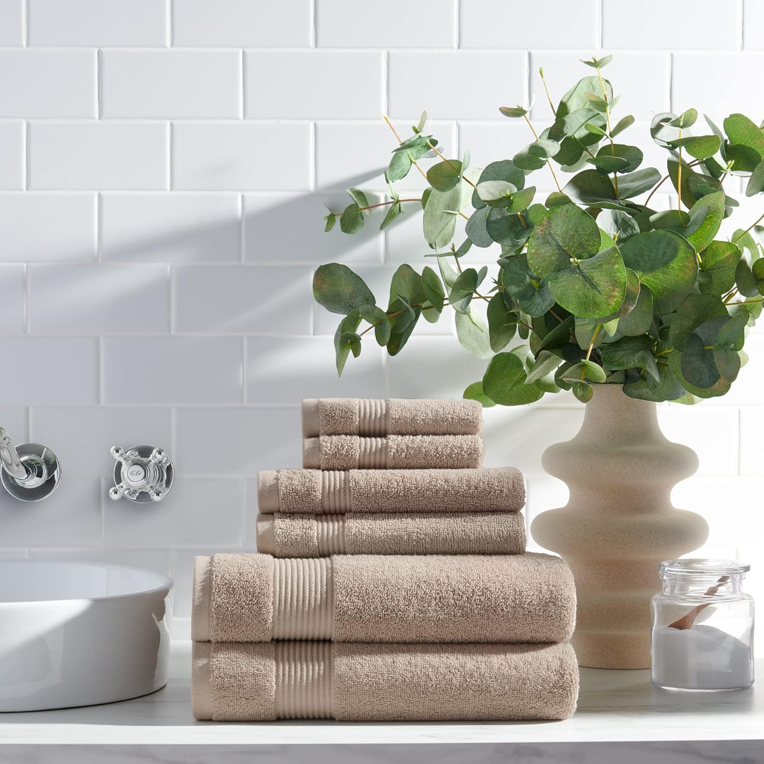 Arkwright Solid 6 Piece Bath Towel Set, 100% Cotton 600 GSM Soft Absorbent Bathroom Towels for Hotel, Spa or Vacation Rental, Latte Beige (2 Bath Towels, 2 Hand Towels, 2 Washcloths)