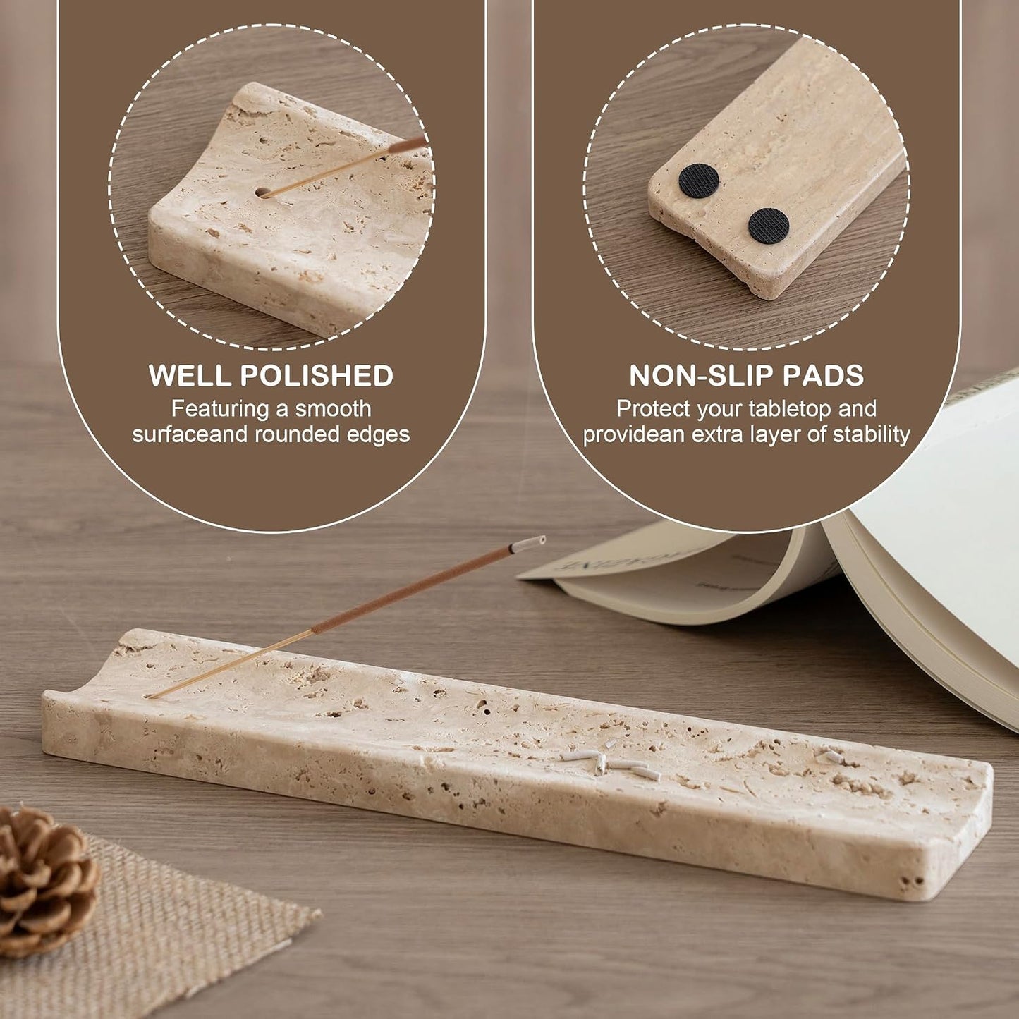 Marble Incense Holder Burner-Natural Stone Stick Incense Tray with Ash Catcher，20 Sticks & Brush - Elegant Decor for Meditation, Yoga, Home,Gift(Beige Travertine)