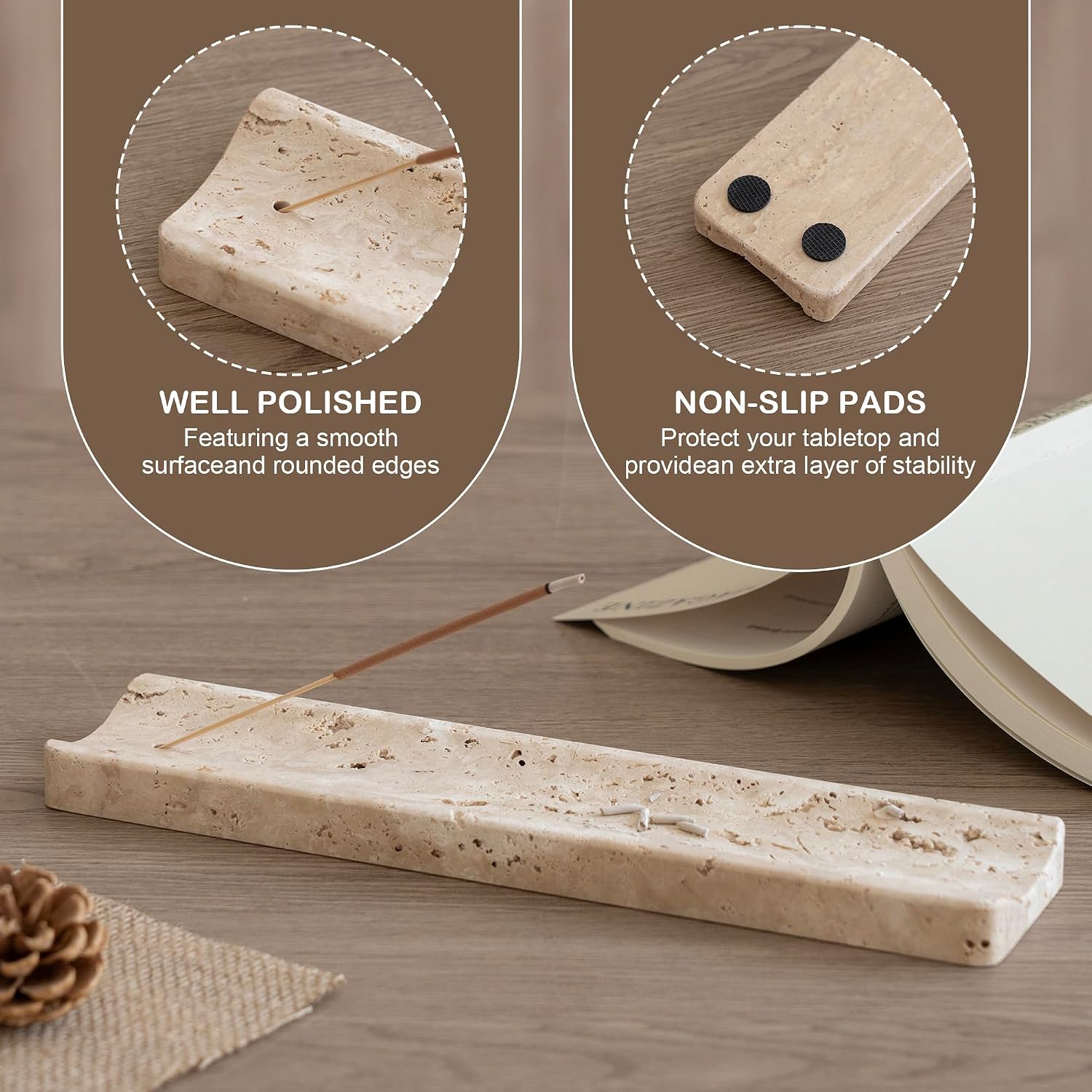 Marble Incense Holder Burner-Natural Stone Stick Incense Tray with Ash Catcher，20 Sticks & Brush - Elegant Decor for Meditation, Yoga, Home,Gift(Beige Travertine)
