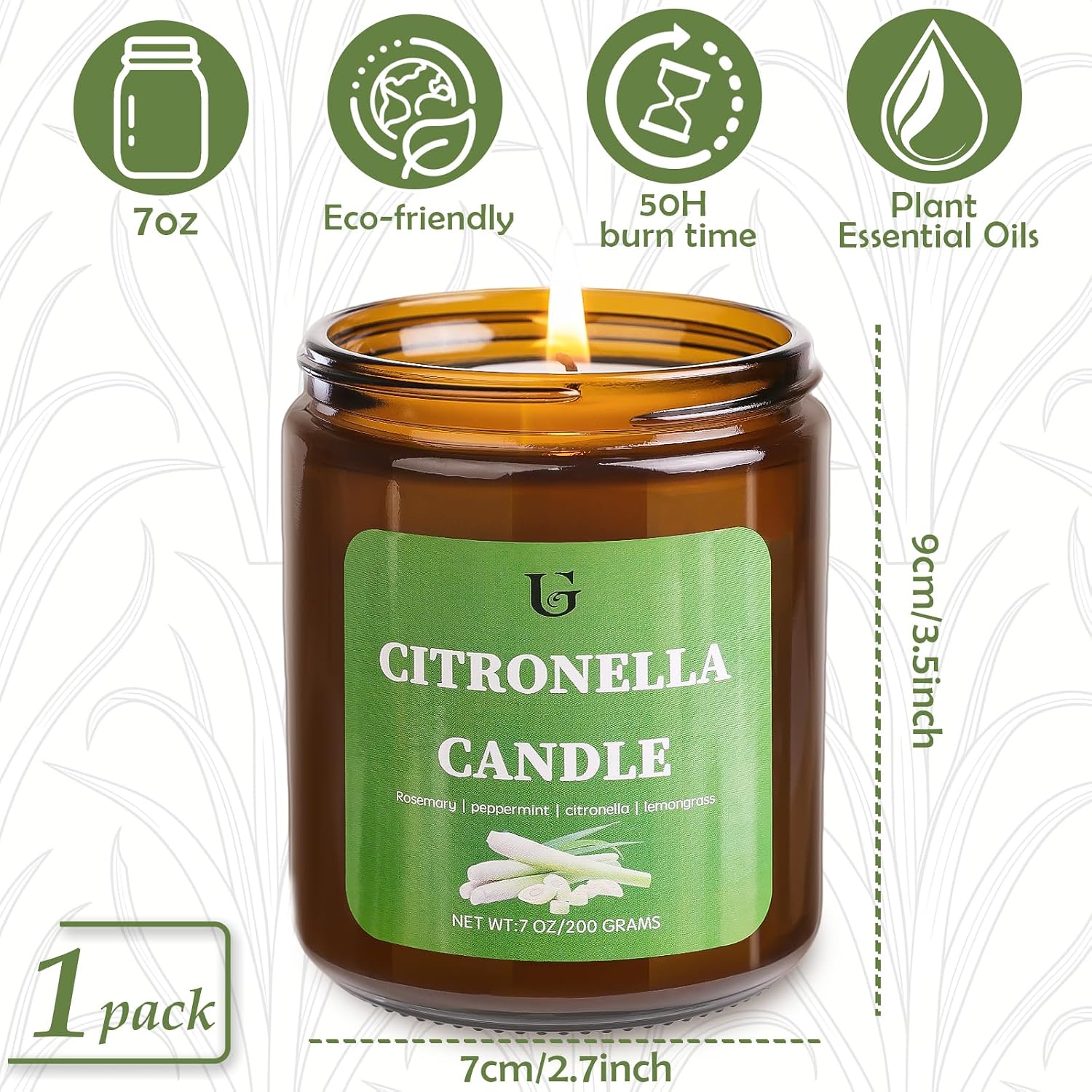 Citronella Candles Outdoor, Natural Soy Wax Citronella Scented Jar Candle for Summer, 7oz Large Lemongrass Candle, 50 Hours Burn Time, Indoor and Outdoor Candles for Patio, Garden & Camping(1 Pack)
