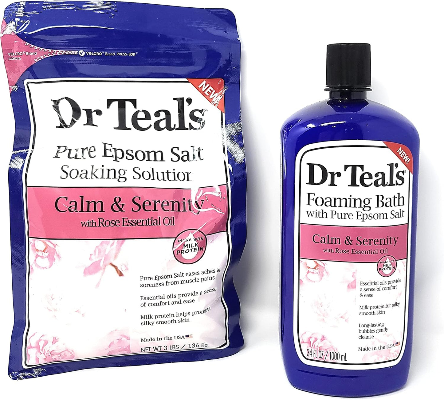 Bundle of Dr Teals Calm & Serenity with Rose Essential Oil (Made with Milk Protein): Pure Epsom Salt Soaking Solution 3 LBS & Foaming Bath 34 FL OZ