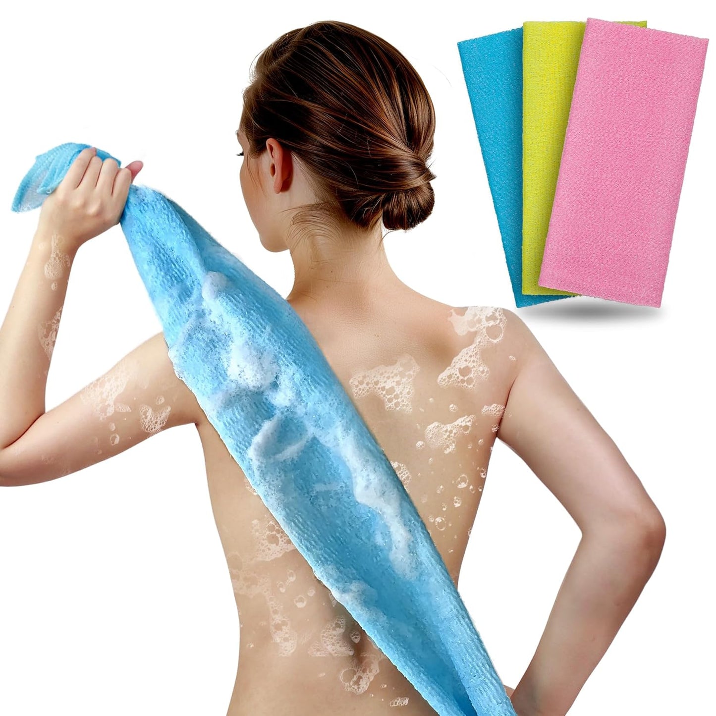 ARCH&M Exfoliating Washcloth & Shower Body Scrubber, 35 Inch, 3 Pack | Japanese & Korean Back Scrubber Towel, All Skin Type Daily Use in Shower, Textured Nylon, Smoother Skin, Quick-Dry