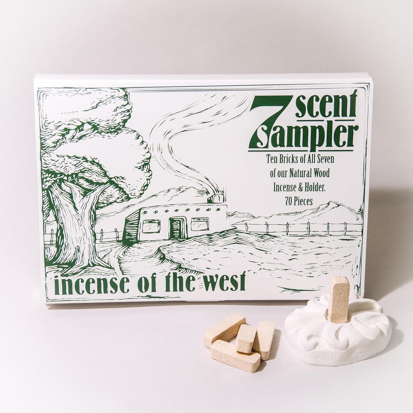 Incienso de Santa Fe - 7 Scent Sampler Natural Wood Incense with Burner, Includes Piñon, Cedar, Juniper, Hickory, Alder, Mesquite, and Fir Balsam (70 Bricks) - Made in the USA