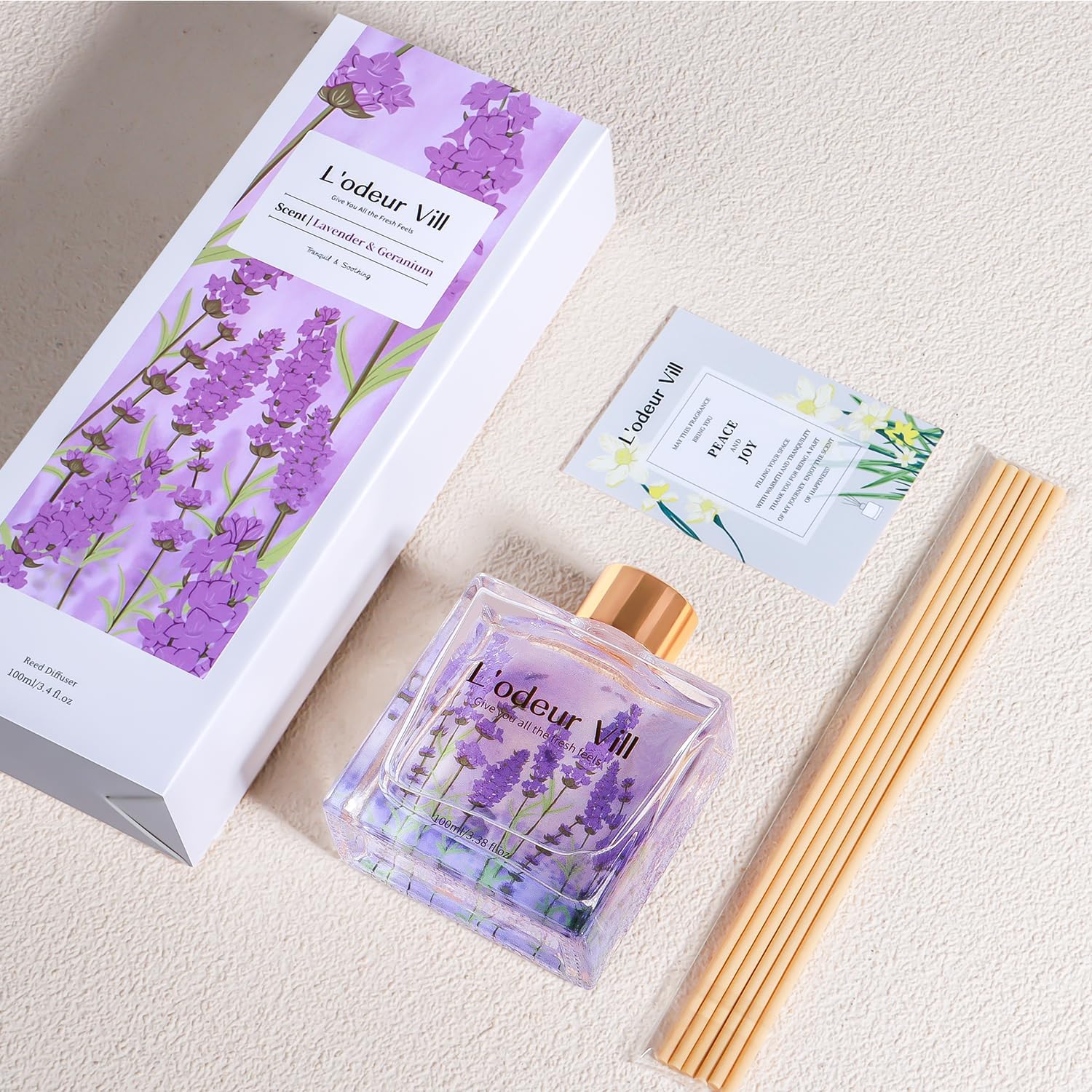 Reed Diffuser Set/Lavender Geranium/3.38 fl.oz（100ML）/1 Pack with 6 Reed Sticks/Home Fragrance Diffuser, Oil Scent Diffuser for Bathroom Shelf Decor.