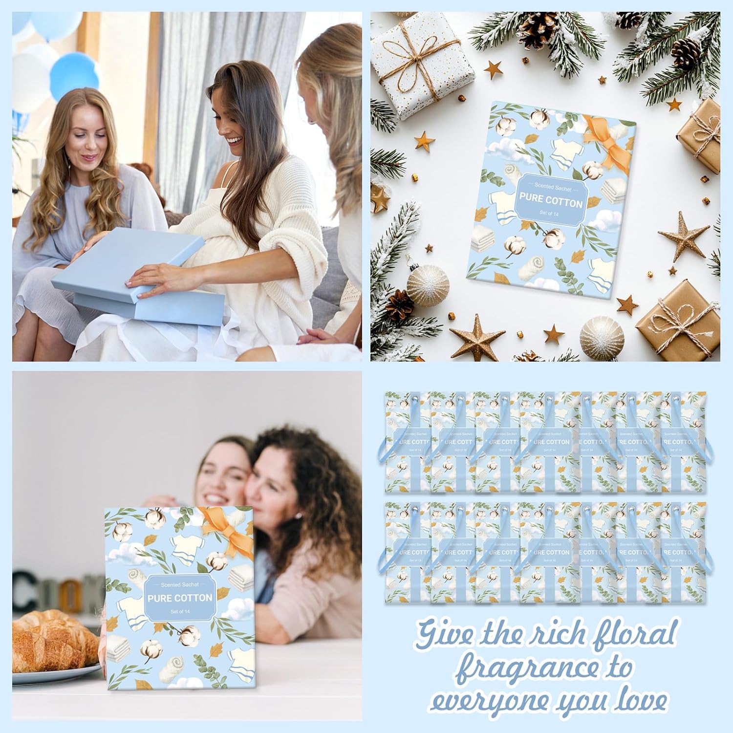 SCENTORINI Scented Sachets for Drawers and Closets, Pure Cotton Scent 14 Pack, Home Fragrance Sachets Bags Wardrobe Freshener for Dresser, Closets, Clothes Storage, Small Space, Suitcases