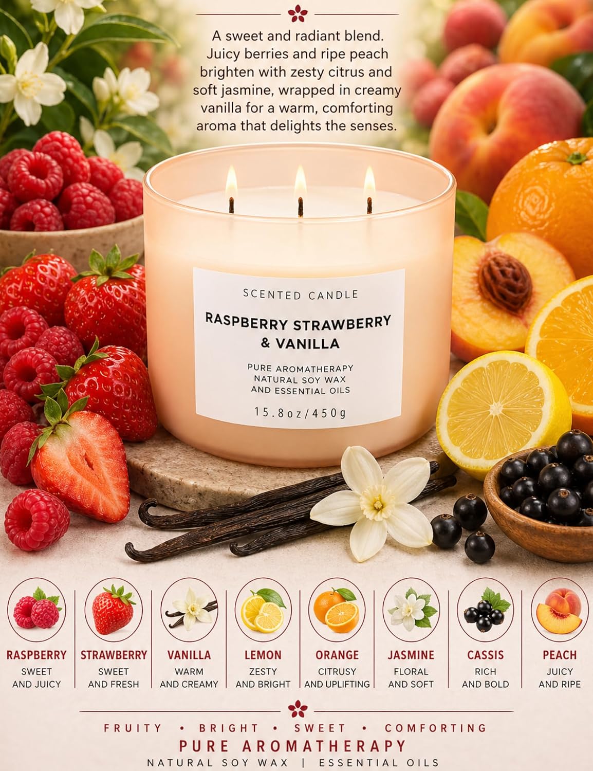 Raspberry Strawberry Vanilla 3-Wick Scented Soy Candle 15.8 oz | Large Sweet Berry Vanilla Scented Candle for Home | Relaxing Aromatherapy Candle | Strong Throw & Long Lasting
