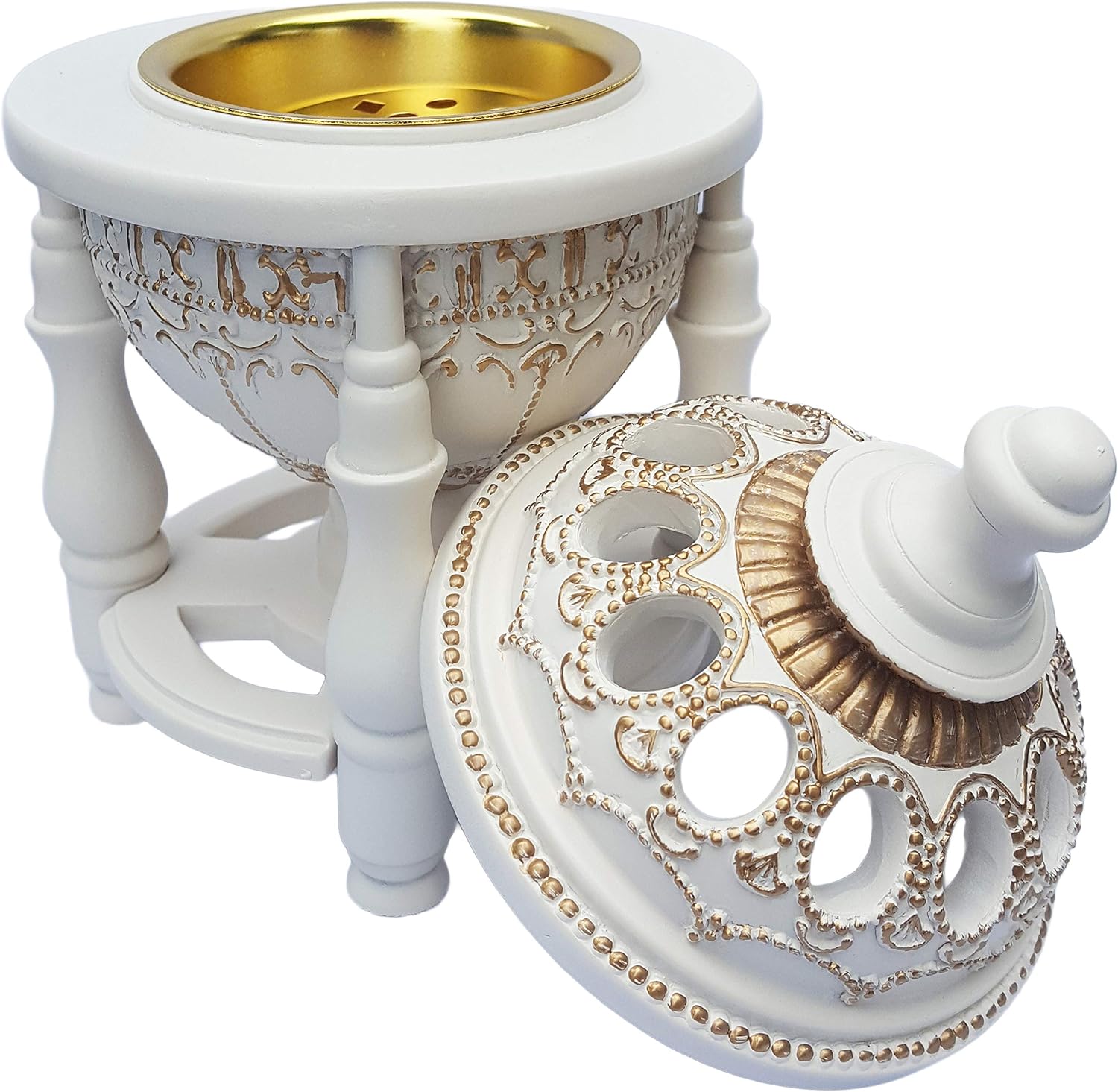 AM Charcoal Incense Burner - Bakhoor Burner, Oud Frankincense Resin Burner for Office & Home Decor - Lavish 4 Pillar (White)