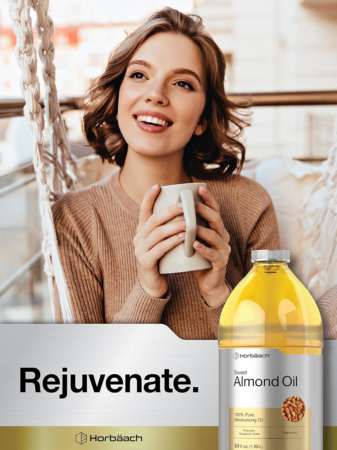 Horbäach Sweet Almond Oil | 64 fl oz | For Skin and Hair | Cold Pressed | Pure Moisturizing Liquid | Vegetarian, Non-GMO, and Gluten Free