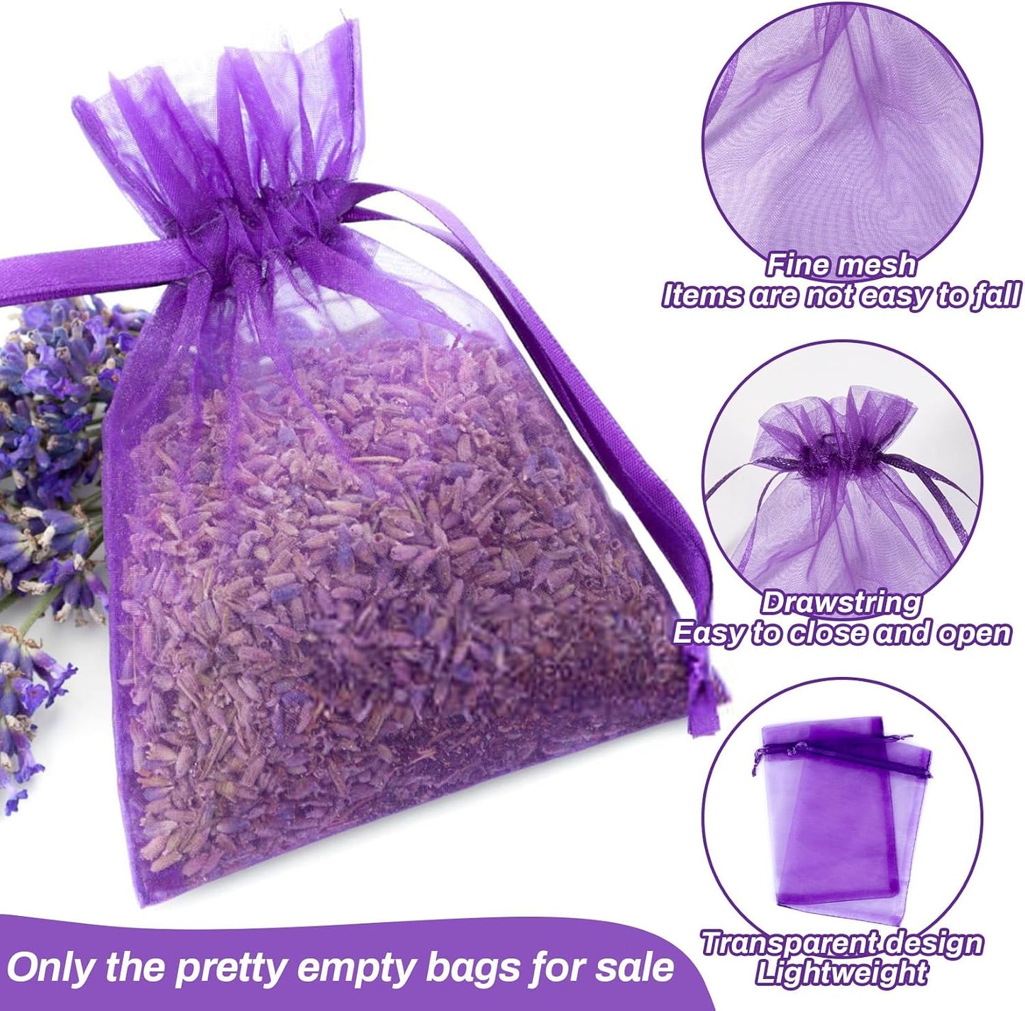 Sukh 50 Lavender Sachet Bags Empty - Purple Organza Bags 4x6 Sachets For Drawers And Closets Deodorizer Potpourri Bags Scented Sachet Home Fragrance Products Party Favor Gifts for Rose Orange Cinnamon