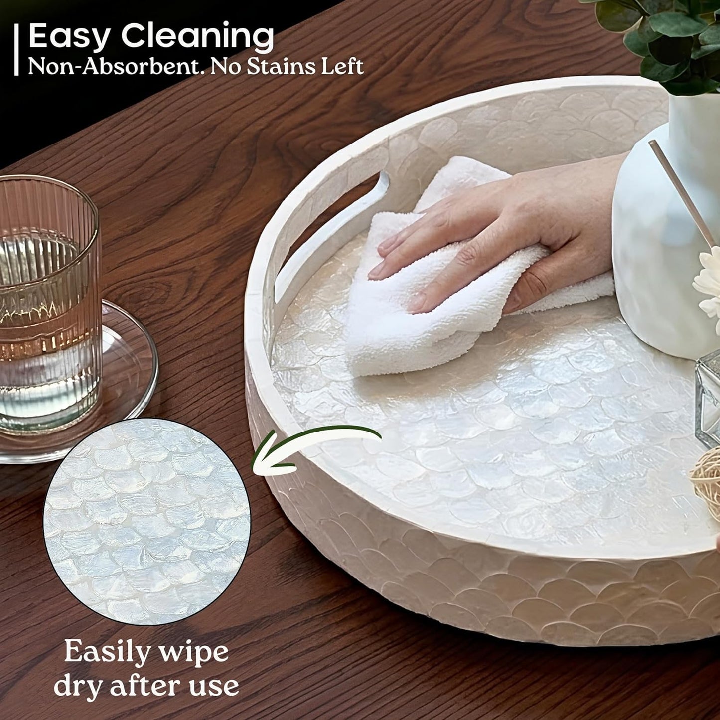 CHI AN HOME 12.6 Inch Capiz Round Decorative Tray, Decorative Serving Tray with Handles for Coffee Table, Kitchen Counter, Bathroom Vanity or Dining Table Centerpiece Tray, Modern Farmhouse Decor