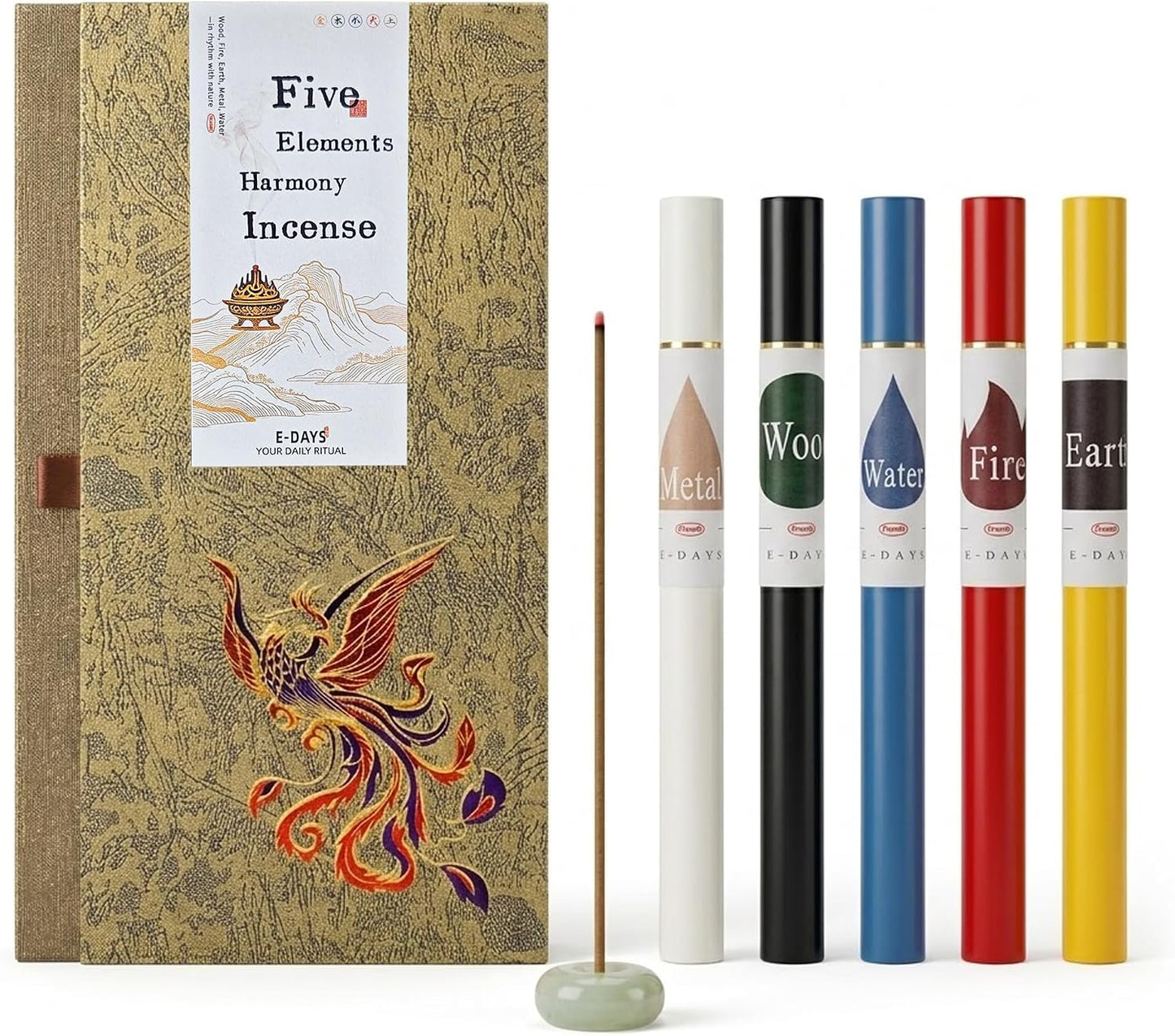 Five Harmony Incense Sticks - 5 in 1 Fengshui Incense Gift Set with Incense Holder,Natural Aromatherapy Wood Fire Earth Metal Water Scents for Meditation Yoga Home Fragrance