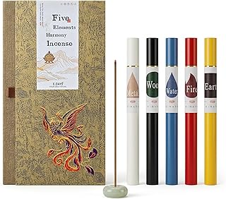 Five Harmony Incense Sticks - 5 in 1 Fengshui Incense Gift Set with Incense Holder,Natural Aromatherapy Wood Fire Earth Metal Water Scents for Meditation Yoga Home Fragrance