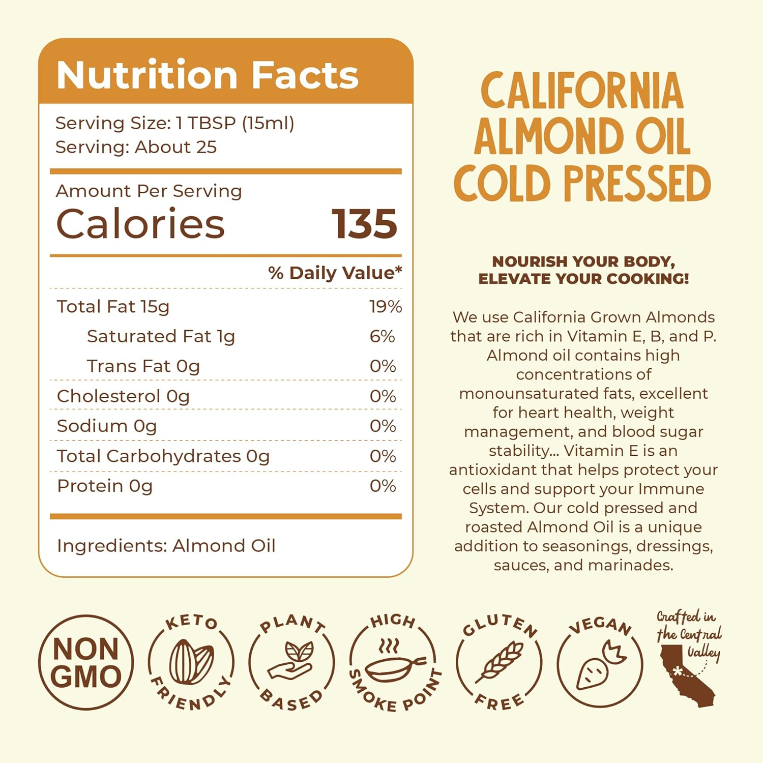 Fresh Vintage Farms 100% Cold Pressed Sweet Almond Oil | Nutrient-Rich Healthy Cooking Oil for Cooking, Baking, Grilling, Dipping, & Salads | Cold Pressed Almond Oil - 12.68 Fl oz, Pack of 1