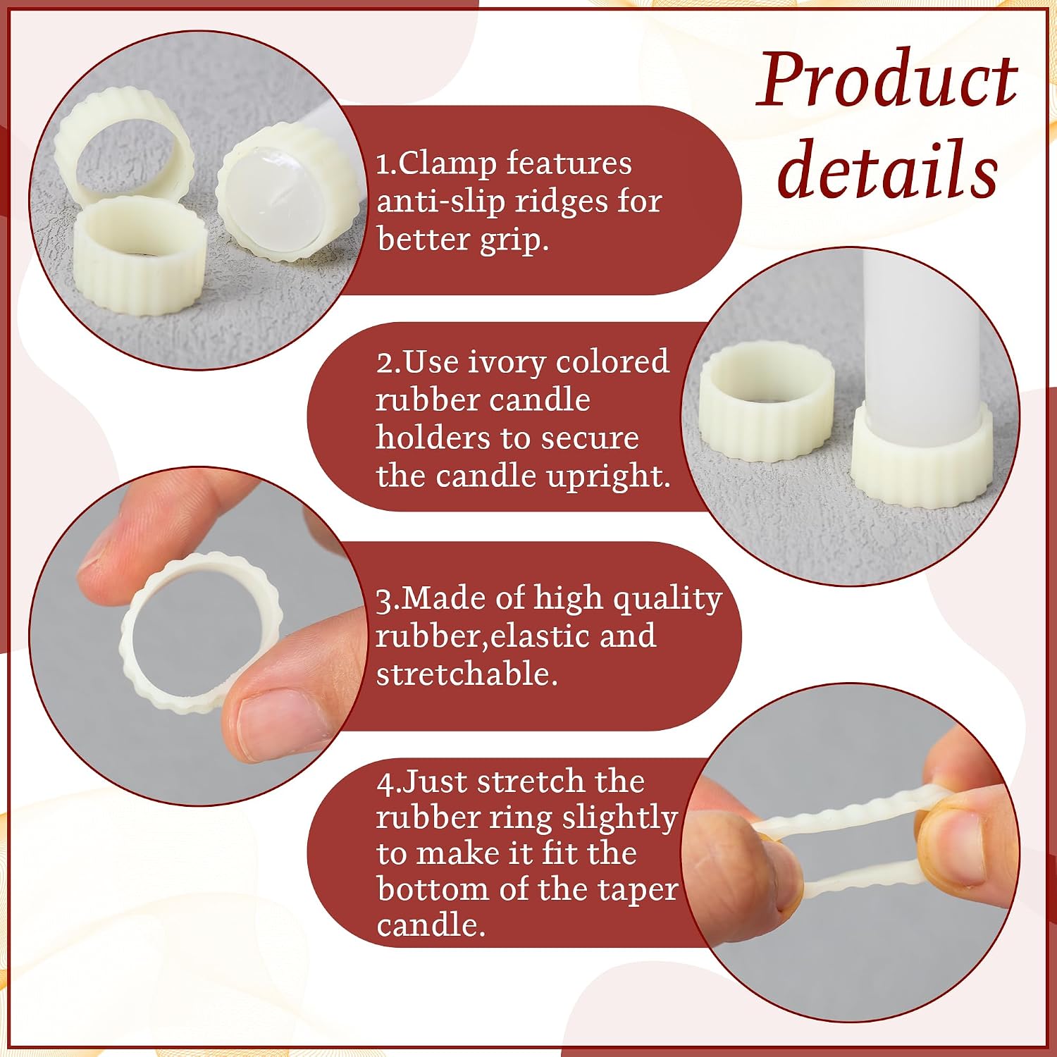12pcs Silicone Rubber Candle Grippers - Non-Slip Adapter Hugger Rings for Taper Candles, Holders & Cups, Drip Protector to Keep Bougie Upright for Tapers and Candles