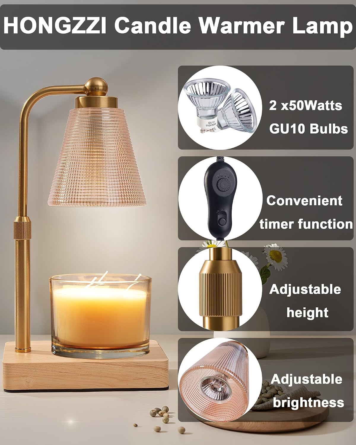 Candle Warmer Lamp with Timer - Adjustable Height & Brightness - Wood Base Glass Shade - 2 Bulbs Included(Square Gold)