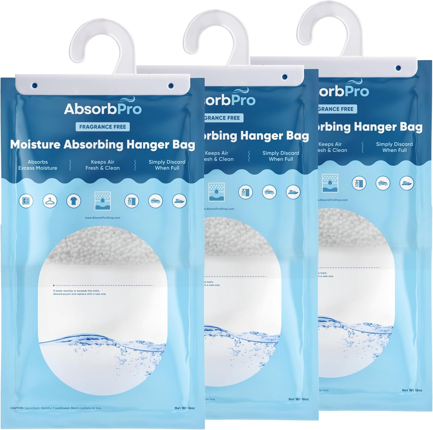 Absorb Pro - Moisture Absorbing Hanger Bag Fragrance Free - 3-Pack - 16 oz Hanging Dehumidifying Packs for Home, Kitchen, Bedroom, Bathroom, Closet, Small Rooms, Cars