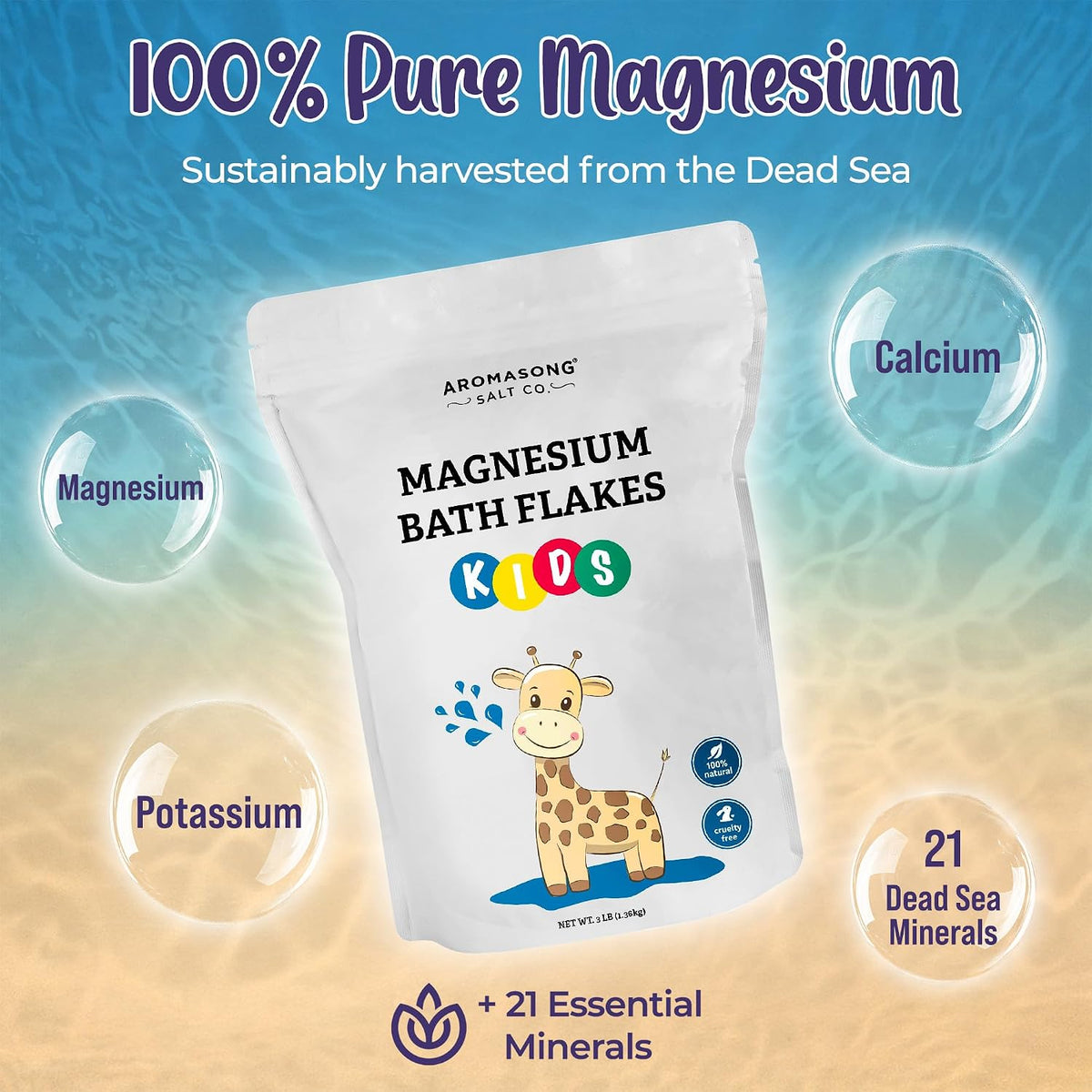 Aromasong Magnesium Flakes for Kids Bath – Pure Dead Sea Salt Bath Flakes for Kids, Toddlers &amp; Babies | Gentle Calming Epsom Salt Alternative | Soothing Bedtime Detox Soak (48 Ounce (Pack of 1))
