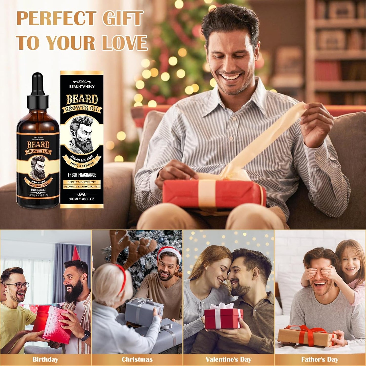 Beard Growth Oil for Men, 100% Natural Beard Oil with Argan Oil, Jojoba Oil, Castor Oil - 3.38 FL/100ML Fresh Fragrance Beard Conditioner Softens, Nourishes,Strengthens, Promotes Beard Growth