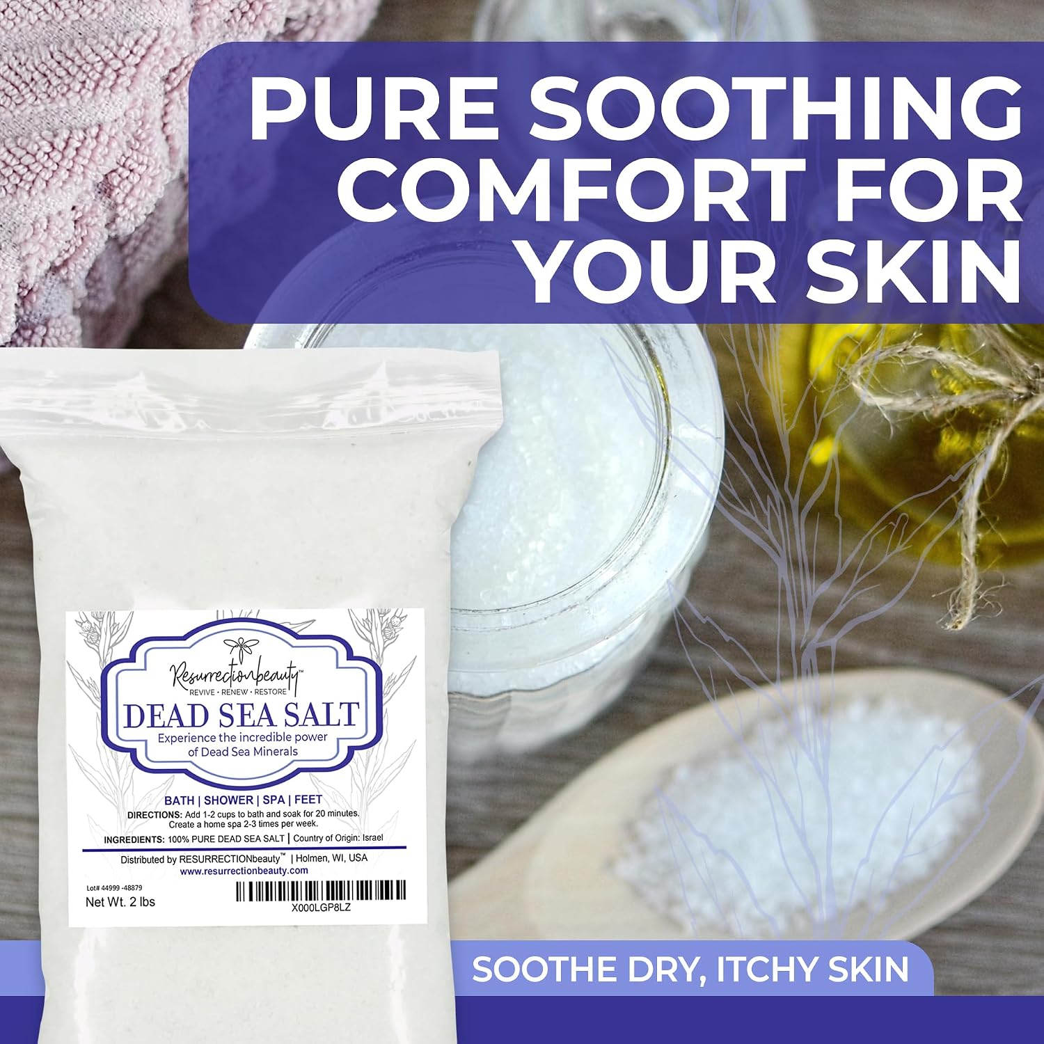 RESURRECTIONbeauty 100% Pure Dead Sea Salt, Bulk Bath Salts for Home Spa & Salt Scrub, Bath & Foot Soak, 2 lb