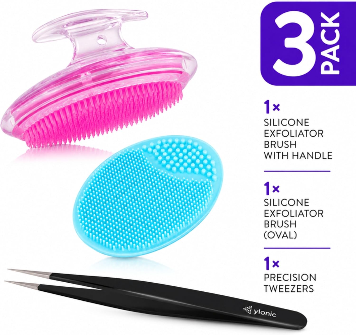 Dylonic 3pk Exfoliating Brush and Precision Tweezers for Ingrown Hair Treatment for Bikini Area, Razor Bumps Shaving Irritation - Silicone Scrubbers Gift Set, Body + Face Skin Exfoliator Brush
