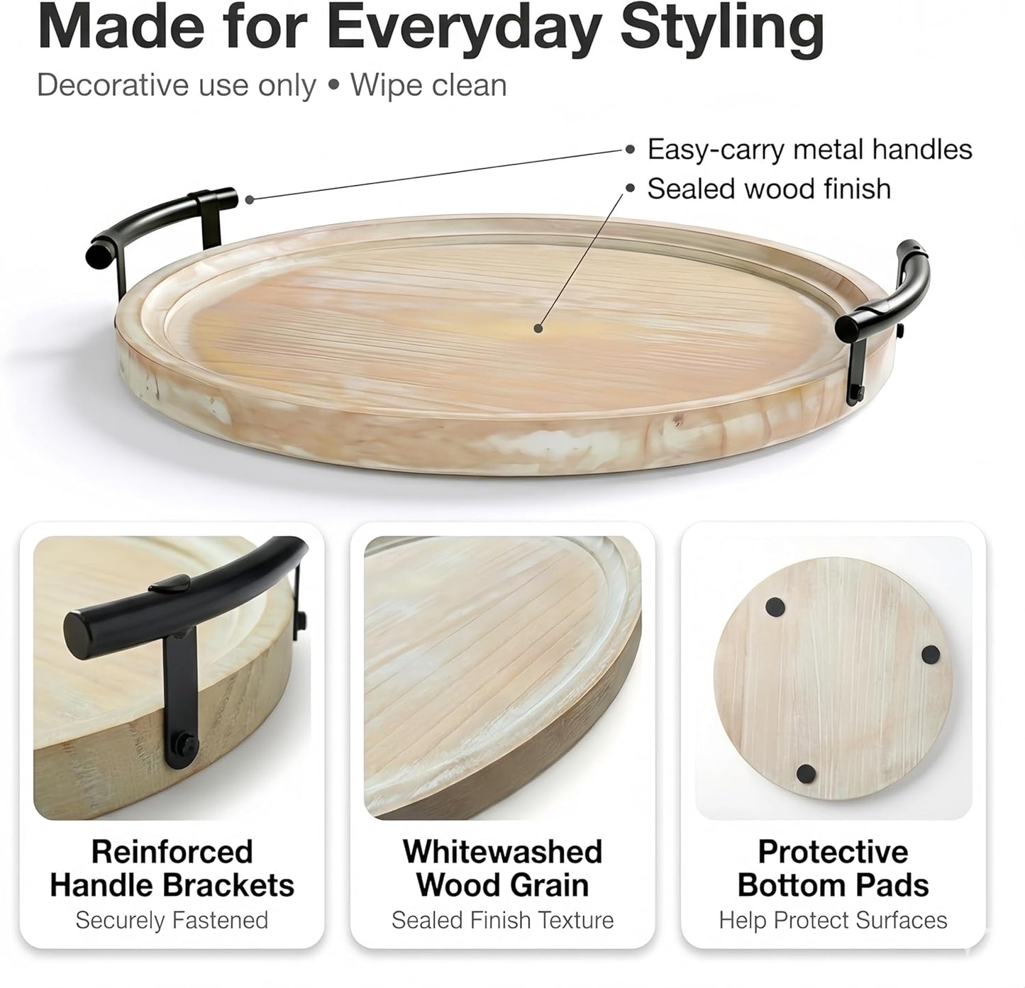 13" Round Decorative Wood Tray with Handles, Whitewashed Farmhouse Coffee Table Decor for Living Room, Entryway & Kitchen Island, Includes Bead Garland, Giftable Home Decor