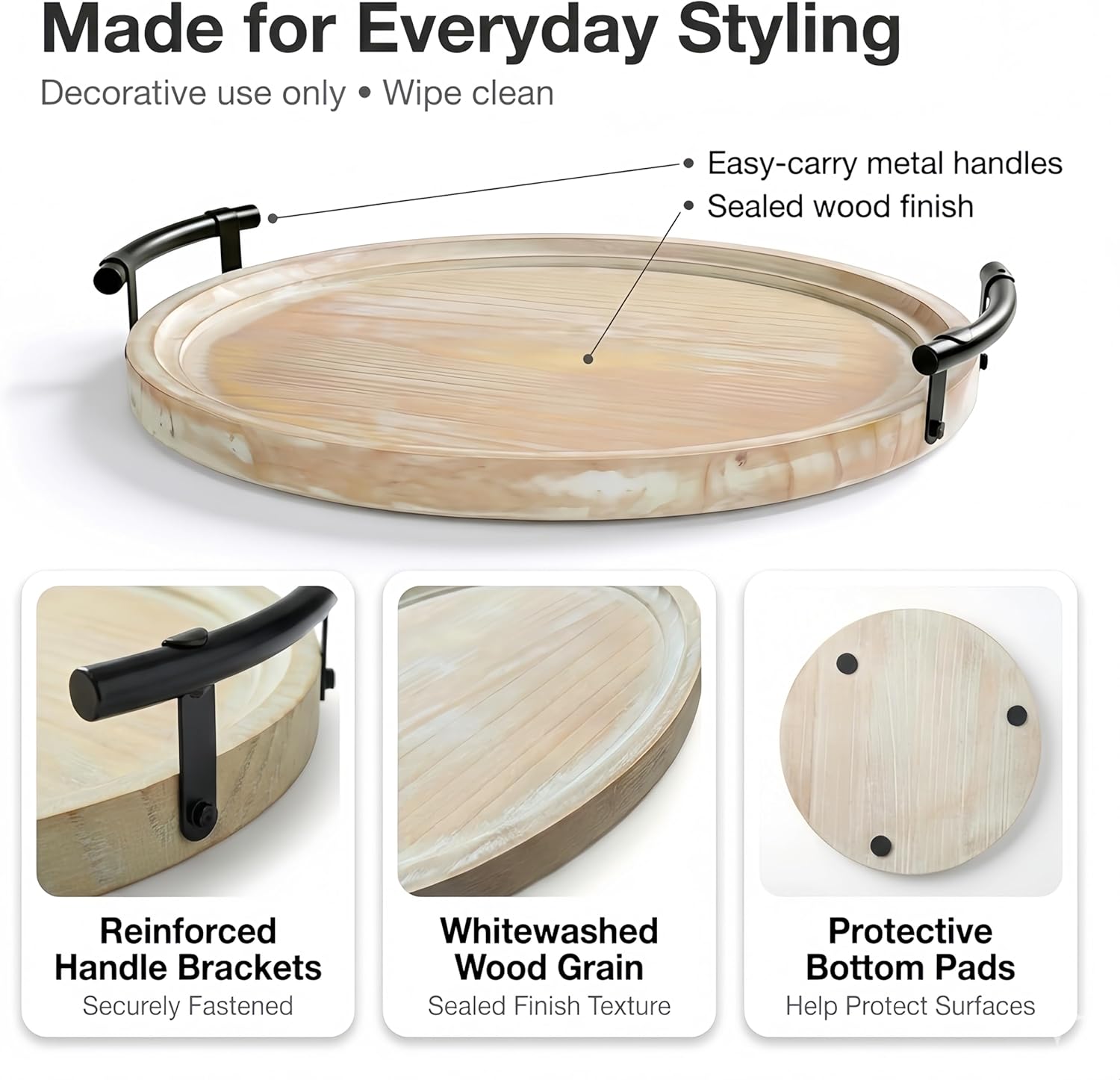 13" Round Decorative Wood Tray with Handles, Whitewashed Farmhouse Coffee Table Decor for Living Room, Entryway & Kitchen Island, Includes Bead Garland, Giftable Home Decor