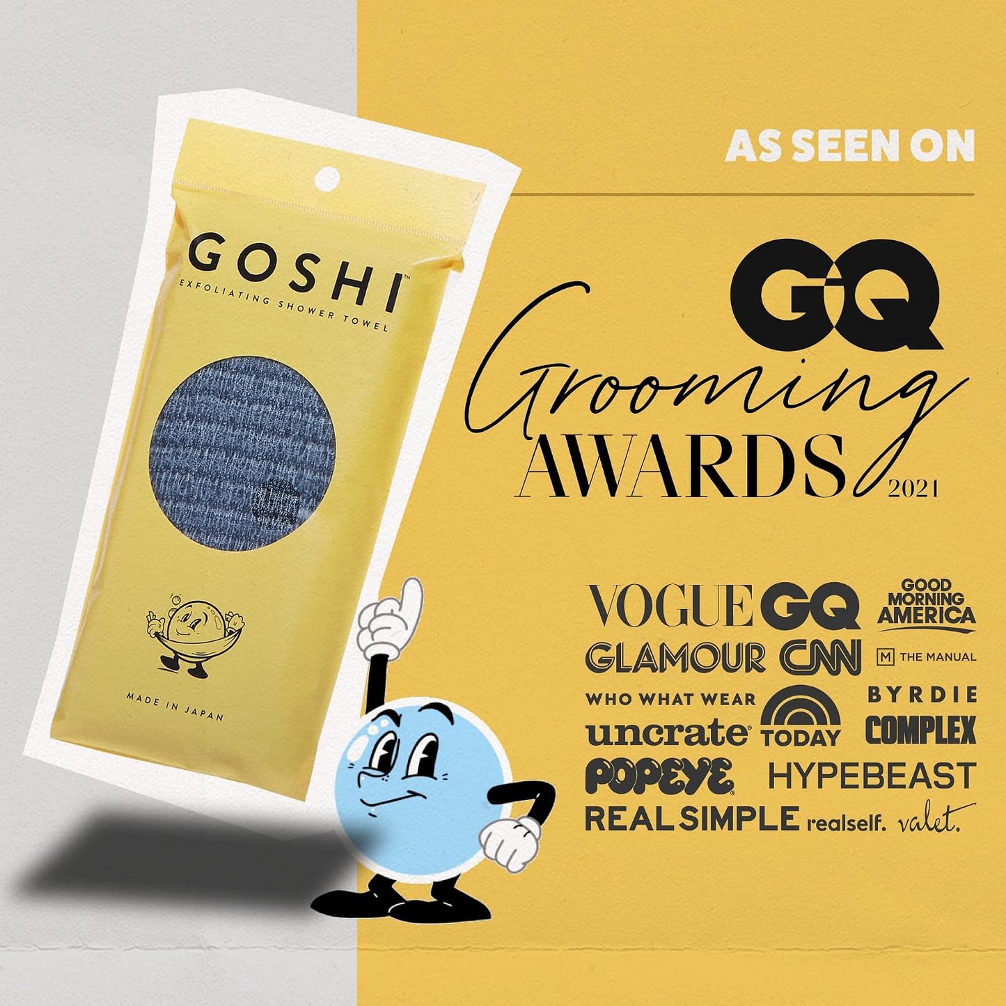GOSHI Exfoliating Shower Towel - Long Body Scrubber for Back Acne, KP & Smooth Skin - Durable Rip-Resistant Weave, Quick-Dry Nylon Washcloth - Ethically Crafted in Gunma, Japan - Grey