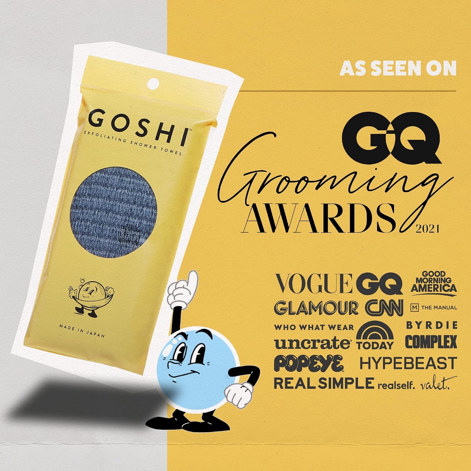 GOSHI Exfoliating Shower Towel - Long Body Scrubber for Back Acne, KP & Smooth Skin - Durable Rip-Resistant Weave, Quick-Dry Nylon Washcloth - Ethically Crafted in Gunma, Japan - Grey