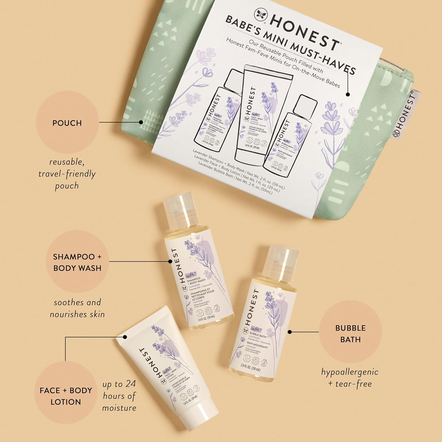 The Honest Company Babe's Mini Must Haves Gift Set Travel Size Hypoallergenic Lavender Bathtime Essentials Shampoo Body Wash (2 fl oz) Face Lotion (1 Bubble Bath