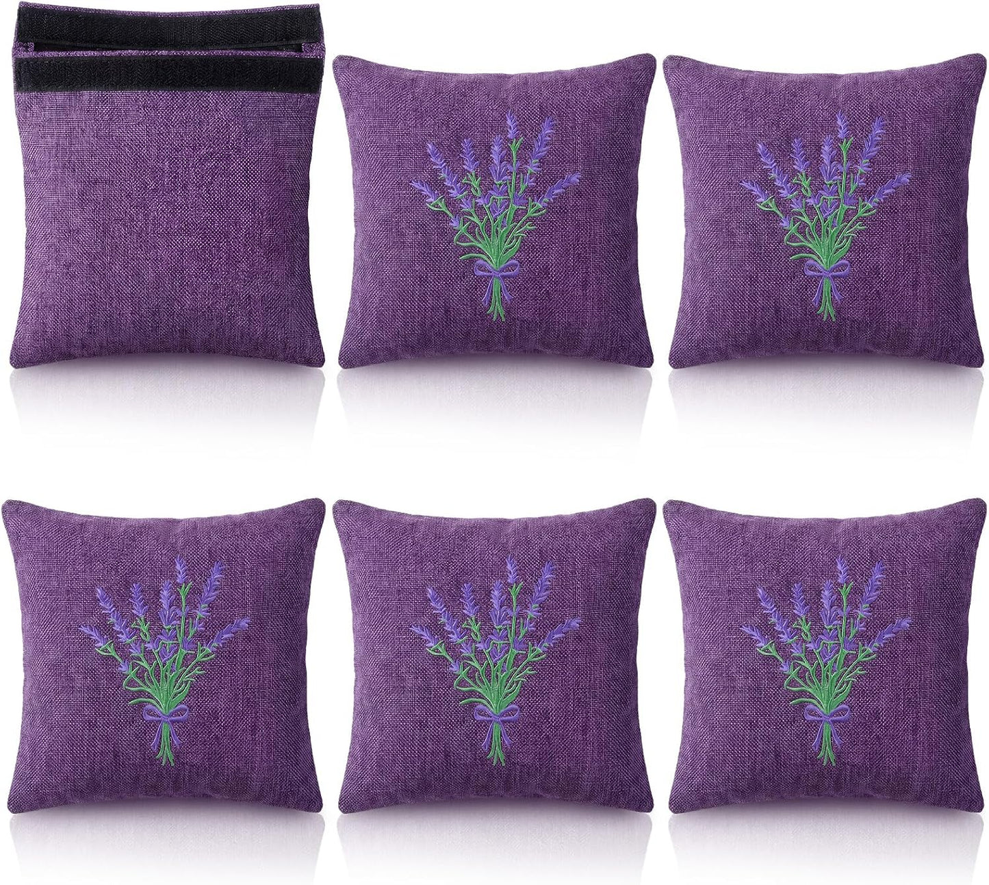 SATINIOR 6 Pack 6 x 6 Inch Embroidered Lavender Sachet Bags Sachet Empty Bags with Hook and Loop Fasteners Cotton Linen Pouch for Filling Spice Jewelry for Wedding (Purple,Novelty)